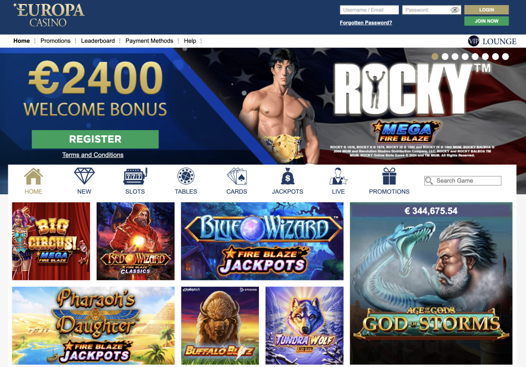 image of europa casino website